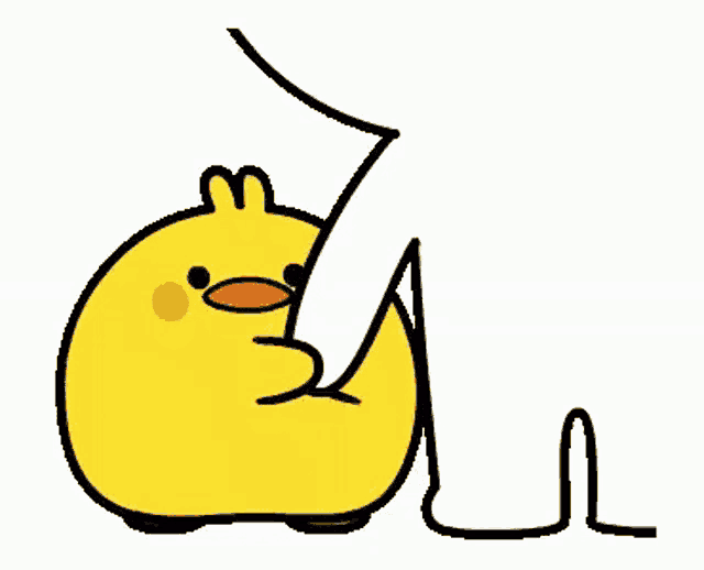 a cartoon chicken is being touched by a hand on a white background .