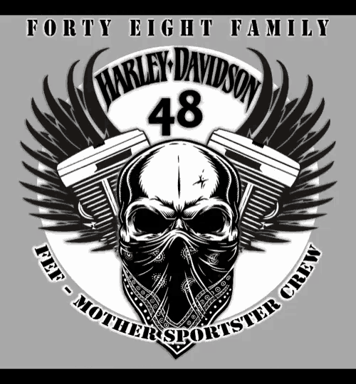 a harley davidson logo with a skull wearing a bandana and the number 48