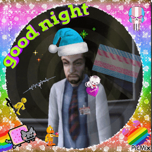a picture of a man wearing a santa hat with the words good night on it