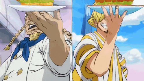 a man is holding a plate with a sandwich on it over his head .