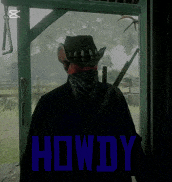 a man wearing a cowboy hat and a bandana stands in front of a sign that reads howdy