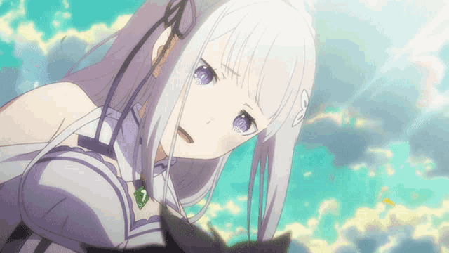 a girl with white hair and purple eyes looks down