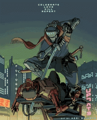 a cartoon of a man holding a sword with the words " celebrate and kill repeat " above him