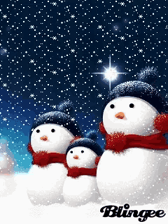 three snowmen wearing blue hats and scarves are standing in the snow with a star in the background