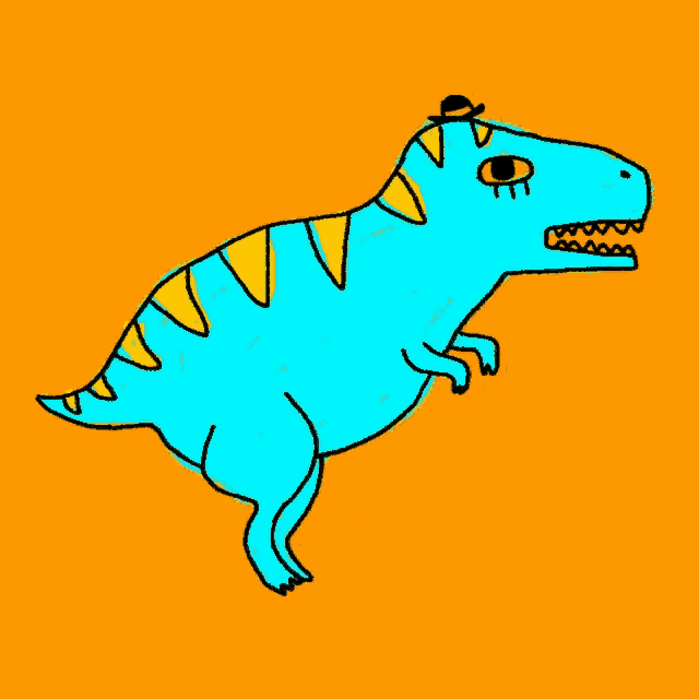 a cartoon drawing of a blue and yellow dinosaur wearing a hat