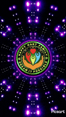 a happy hart family logo surrounded by purple lights