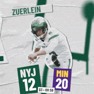 a football player wearing a green helmet is surrounded by signs that say nyj 12 and min 20