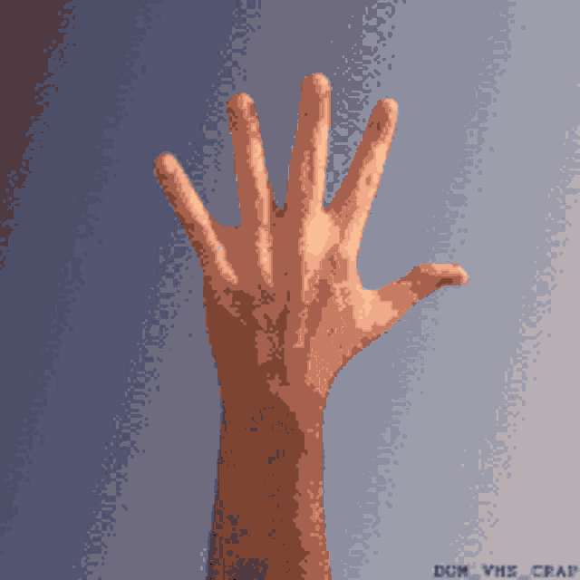 a pixel art drawing of a hand with the words dom vhs crap below it
