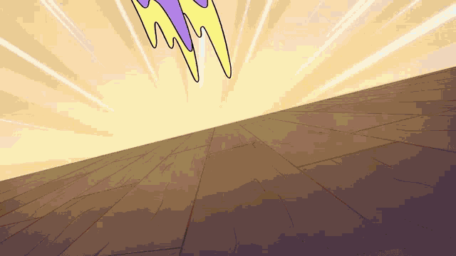 a cartoon drawing of a purple and yellow lightning bolt coming out of the sky