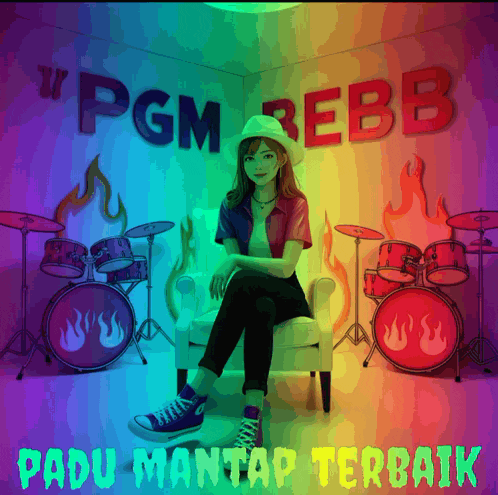 a girl is sitting in a chair in front of a drum set with the words " pgm rebb " on the wall