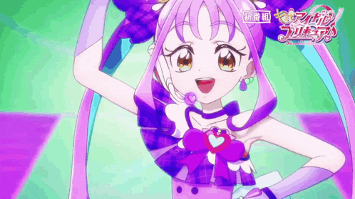 a girl with purple hair and a heart on her chest is smiling