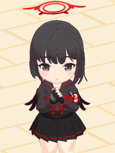 a girl with black hair and purple eyes is wearing a school uniform