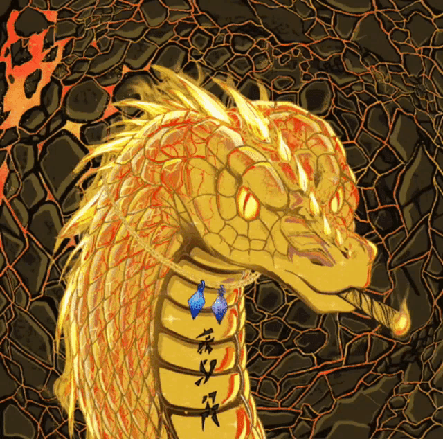 a drawing of a golden dragon with a necklace around its neck