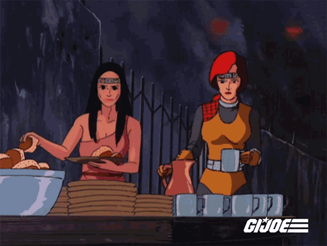 a cartoon of two women standing next to each other with the word gi joe in the corner