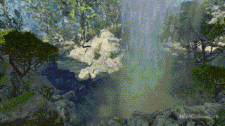 a waterfall is surrounded by trees and rocks with the words nemo beatrice below it