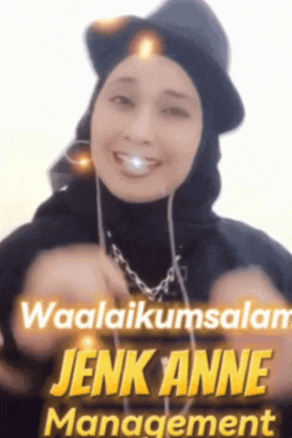 a woman wearing a hijab and a hat is smiling with the words waalaikumsalam jenk anne management above her