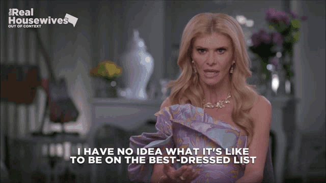 a woman in a purple dress says " i have no idea what it 's like to be on the best - dressed list "