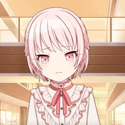 a little girl with pink hair and red eyes is wearing a white shirt with ruffles and a red bow