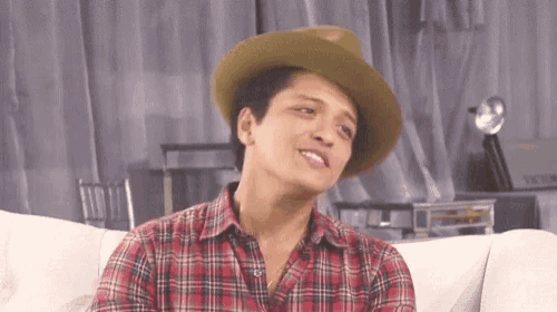 a man in a plaid shirt and cowboy hat is sitting on a couch .