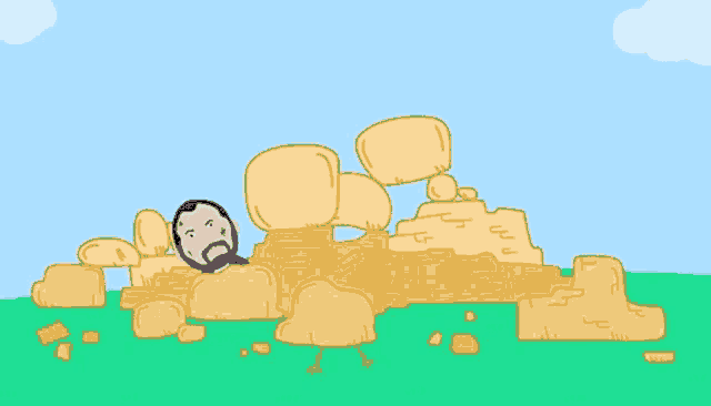 a cartoon of a man in a pile of rocks
