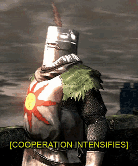 a picture of a knight with the words cooperation intensifies written below him
