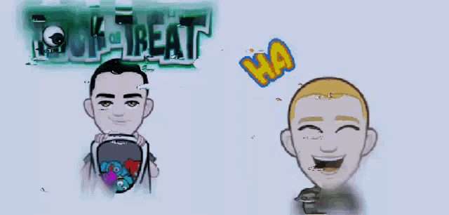 a cartoon of a man holding a bucket next to a cartoon of a man laughing with the word ha above his head