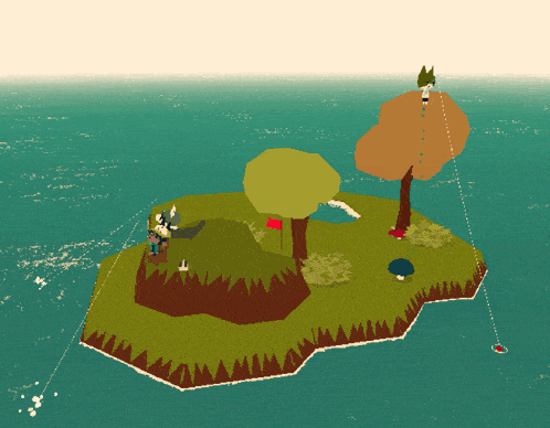 a small island in the middle of the ocean with a red flag on it