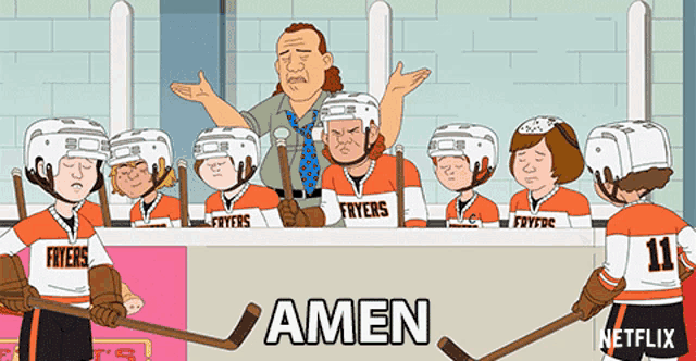 a group of hockey players with the word amen on the bottom right