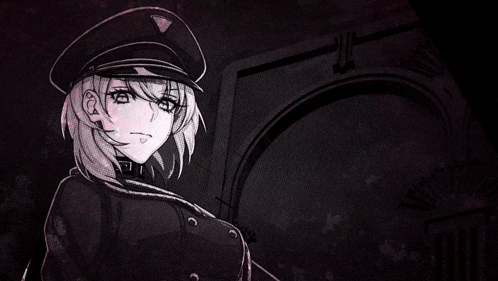 a black and white drawing of a girl with a hat on
