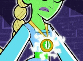 a cartoon character is wearing a necklace with a green eye on it .