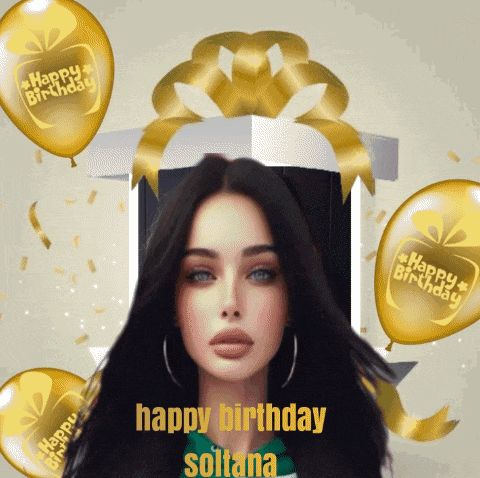 a woman is surrounded by gold balloons that say happy birthday soltana