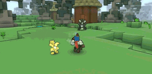 a cartoon character is walking through a grassy field