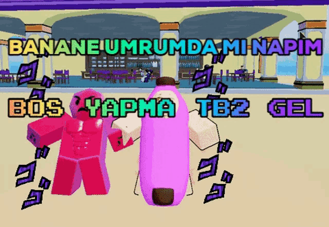 a video game scene with a pink and purple character and the words " banane umrumda mi napim "