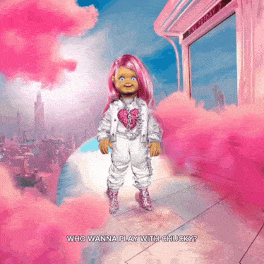 a doll with pink hair is standing in front of a building with the words who wanna play with chucky