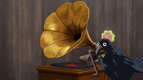 a bird with a flower on its head is playing a record