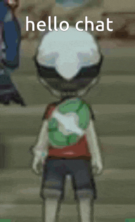 a cartoon character is standing on a set of stairs with the words hello chat on the bottom .