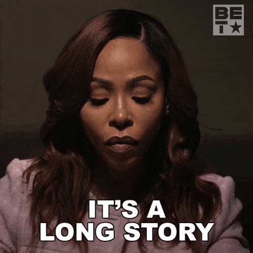 a woman says it 's a long story on a poster