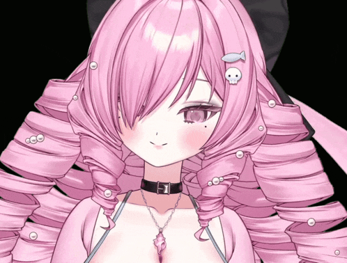 a close up of a girl with pink hair and pearls on her hair
