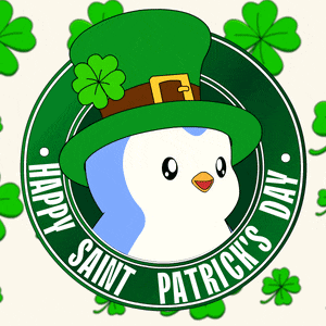 a penguin wearing a leprechaun hat is surrounded by shamrocks and the words happy saint patrick 's day