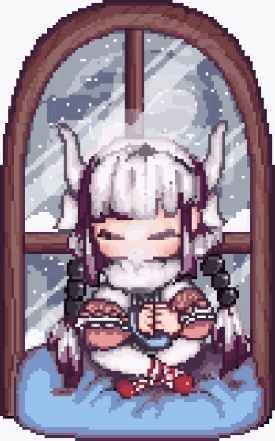 a pixel art of a girl with horns sitting in front of a window