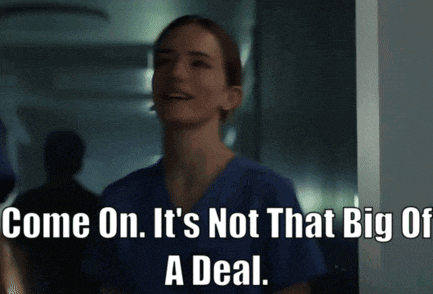 a woman in a blue scrub top is smiling and says come on it 's not that big of a deal