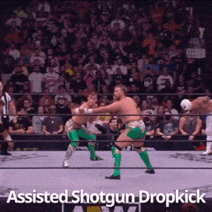 two wrestlers in a ring with the words assisted shotgun dropkick