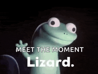 a cartoon lizard with big eyes is smiling and says `` meet the moment lizard . ''