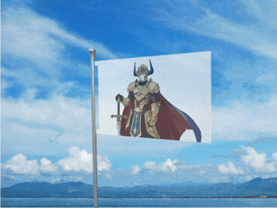 a flag with a picture of a knight with horns on it