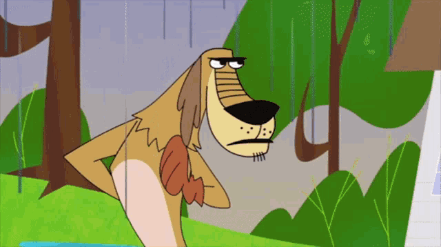 a cartoon dog with an angry look on his face is standing in the rain