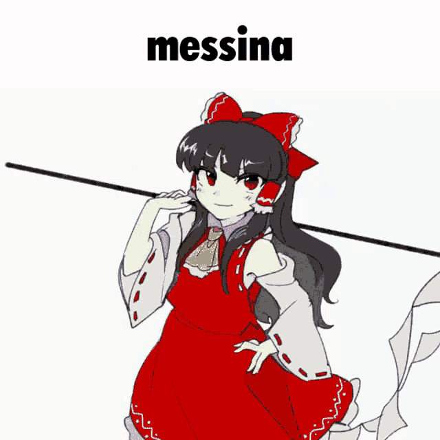 a girl in a red dress holding a stick with the word messina above her