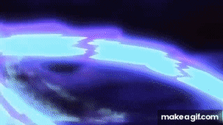 a purple and blue lightning bolt is coming out of a hole in the dark .