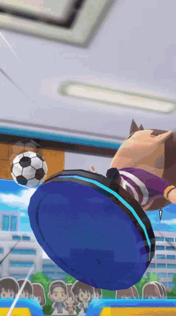 a cartoon character is kicking a soccer ball in a game