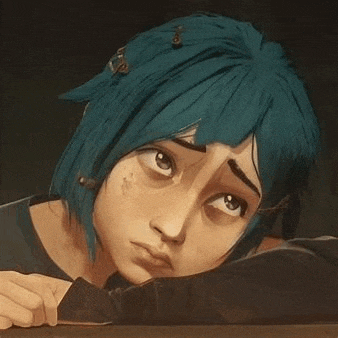 a cartoon girl with blue hair is laying down with her head on her arm .