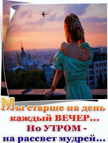 a woman in a blue dress looks out over a city